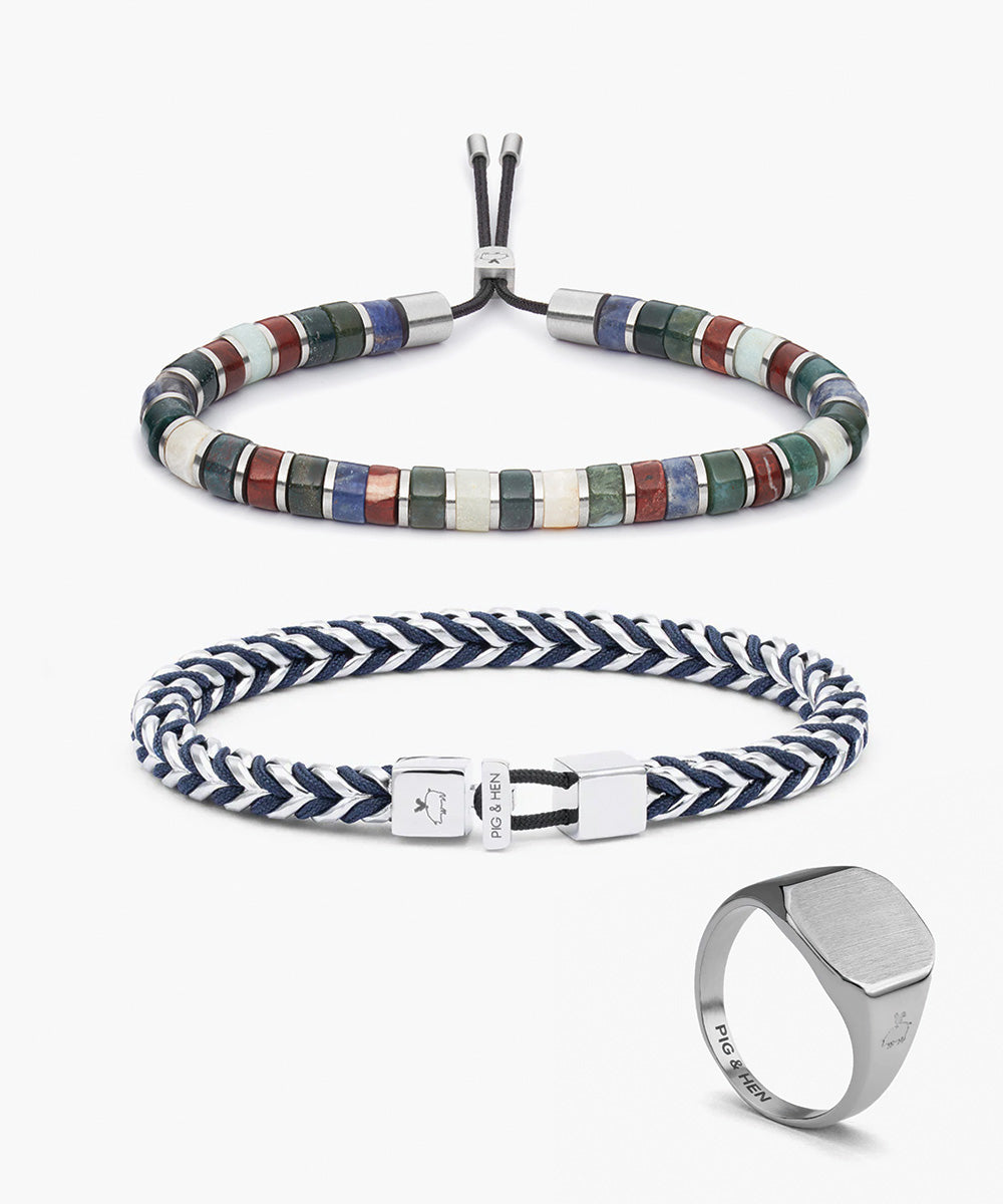 Catena Foxtail Navy & Brontide 6mm Turin & Classic Ring Set