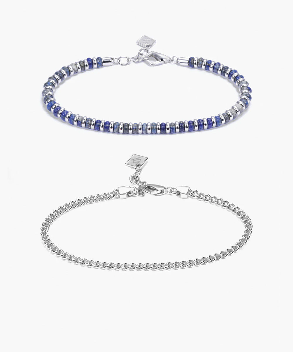 925 Sterling Silver Brontide Lapis Lazuli 4 mm & Curb Chain Set