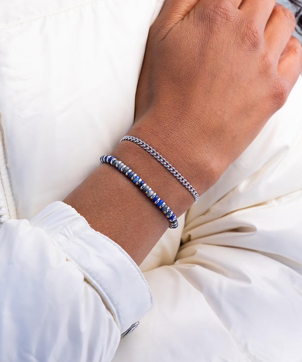 925 Sterling Silver Brontide Lapis Lazuli 4 mm & Curb Chain Set