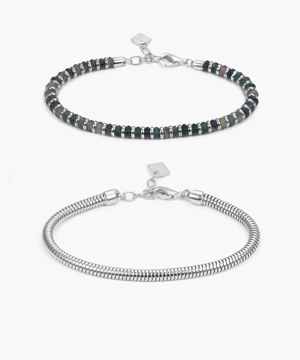 925 Sterling Silver Brontide Moss Agate 4 mm & Snake Chain Set
